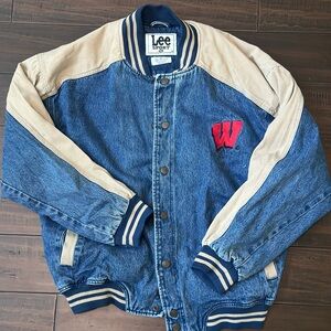Lee Denim and Beige Varsity Jacket with Red Wisconsin University emblem.